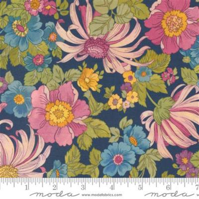 Moda Chelsea Garden Lawn Collection Assorted Flowers Navy Fabric 0.5m
