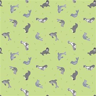Lewis & Irene Small Things Polar Animals Seals on Lime Fabric 0.5m