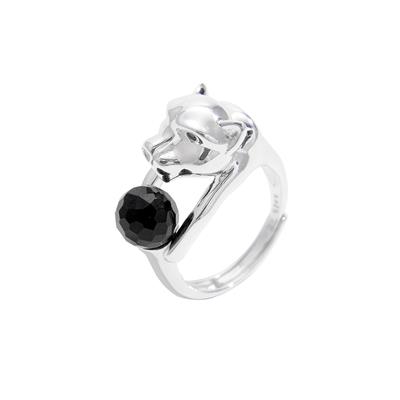 Panther Adjustable 925 Sterling Silver Ring with Faceted Type A Black Jadeite