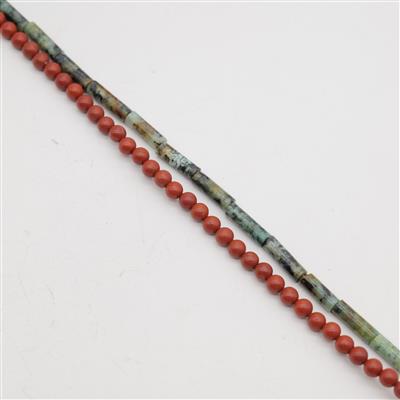 110 cts Gemstone Kit (African Turquoise Tubes Approx 4x13mm, 38cm Strand & Red Jasper Rounds Approx 4-5mm, 38cm Strands)