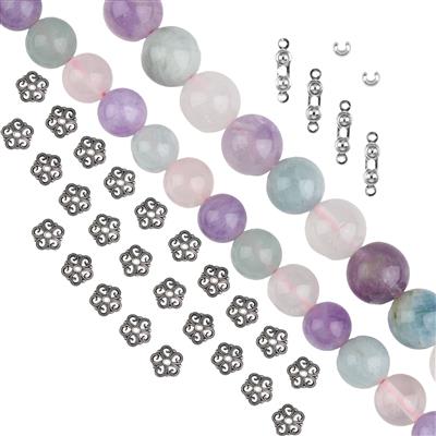 925 Sterling Silver Flower, Multi Gems (Aquamarine, Rose Quartz, Lavender Amethyst) Projec