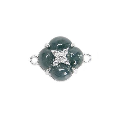 Green Olmec Clover Connector with 925 Sterling Silver and White Topaz Stones, Approx 15mm 