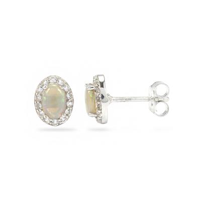 925 Sterling Silver Halo Earrings Coober Pedy Jelly Australian Opal & White Topaz Approx 8x6mm