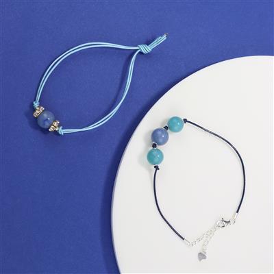 3x Blue Aventurine Rounds & 3x Chinese Amazonite Rounds Approx 10mm, Dark & Metallic Blue Leather Cord, 1m, includes 925 Sterling Silver