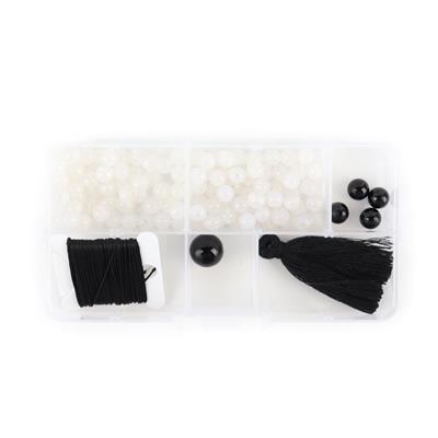 White Onyx Mala Kit-180cts White Onyx Round 6mm, Black Onyx Round 8mm & 12mm, 7M Black Nylon Cord, 50mm Black Tassel, 1 Plastic Box