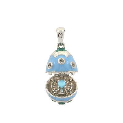 925 Sterling Silver Sleeping Beauty Turquoise Imperial Egg Pendant with Enamel and White Topaz Approx  23x13mm 