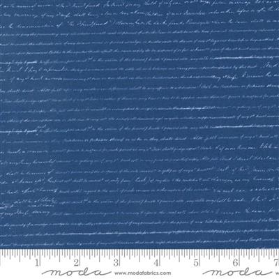 Moda Janet Clare Bluebell Collection Blueprint Text and Words Script Prussian Blue Fabric 0.5m