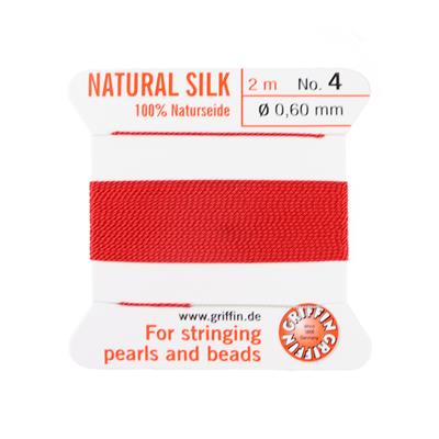 Silk Thread, Size 04 (.6 mm, .024 in) - Red, with needle, 2 m (6.5 ft)