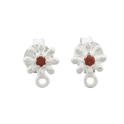 925 Sterling Silver Gem Set Flower Hook Earrings Approx 6x9mm with Red Garnet (1Pair)