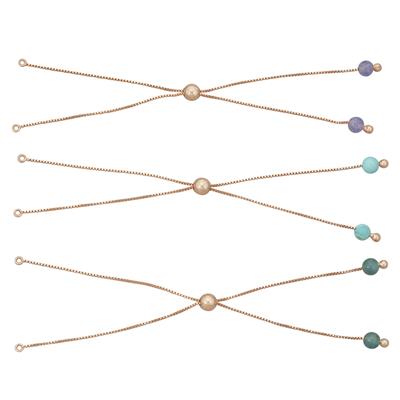 Rose Gold Plated 925 Sterling Silver 3pcs Slider Bracelet (Tanzanite, Grandidierite, Turquoise) Approx 5mm Beads & Box Chain, Approx 24cm