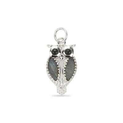 925 Sterling Silver Owl Pendant with Labradorite & Black Onyx, Approx, 10x19mm