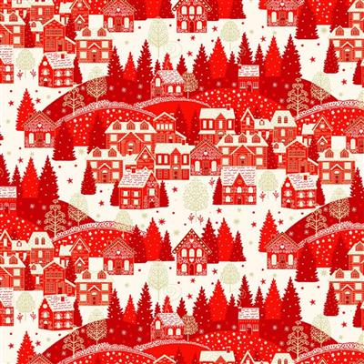 Makower Christmas Scandi Scenic Red Fabric 0.5m