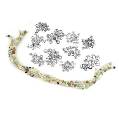 Base Metal End Caps - Silver Plated Base Metal Bead Cap Bundle, 10 designs with  Multi-Amazonite Plain Round 4mm, 6mm, 8mm Loose Bead Strands