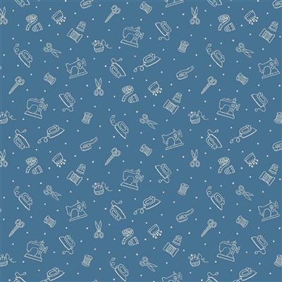 American Country Collection White Notions On Blue Fabric 0.5m
