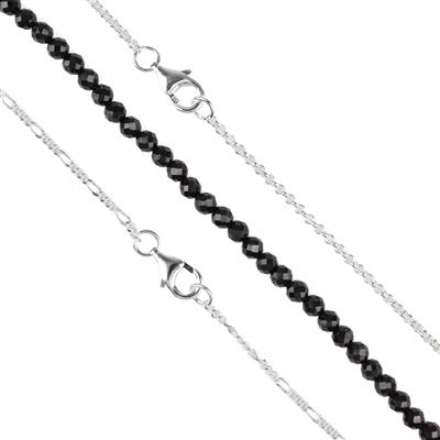 925 Sterling Silver Rolo Chain & Figaro Chain Open Bracelet with Slider Extender Chain With Natural Black Spinel Faceted 3mm Rounds