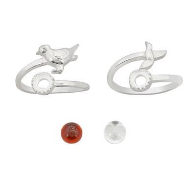 925 Sterling Birds Themed Adjustable Rings With Cabochons, 2pcs