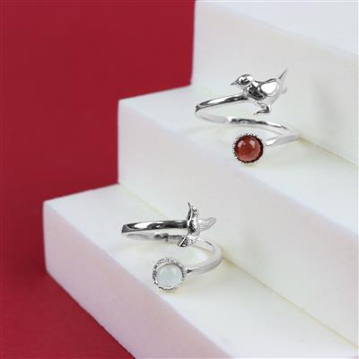 925 Sterling Birds Themed Adjustable Rings With Cabochons, 2pcs