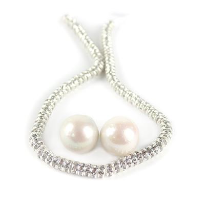 Sparkly Rondelle Bumper Packs - White Freshwater Cultured Potato Pearls, Approx 12-14mm with 2pcs with Silver Plated Spacer Beads with Clear Stones