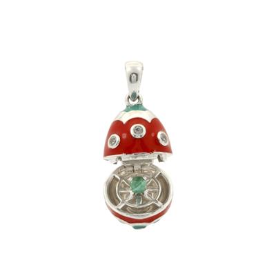 925 Sterling Silver Malachite Imperial Egg Pendant with Enamel and White Topaz Approx 22x13mm 