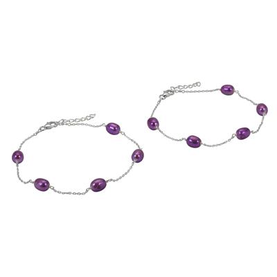 925 Sterling Silver Beaded Bracelet with Dyed Purple Freshwater Cultured Rice Pearls, Approx 8