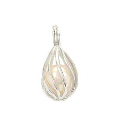 925 Sterling Silver Twisted Hinged Cage with White Freshwater Cultured Pearl, Approx 24x13mm