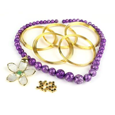 Summer Meadow- Gold Memory Wire, Star Spacers, Shell Flower Charm, Purple Lava Rock Strand