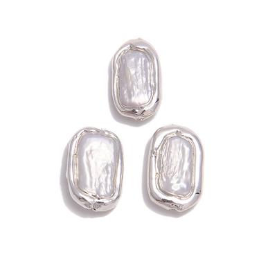 Silver Colour Base Metal Edge of White Freshwater Cultured Biwa Pearl, Approx 12x20mm, 3pcs pack
