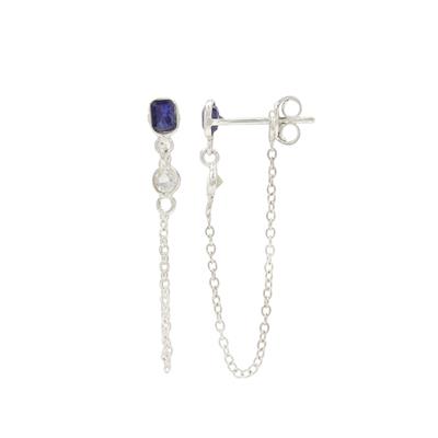 925 Sterling Silver Pair of Earrings with Cushion Fissure-Filled Blue Sapphire and White Topaz