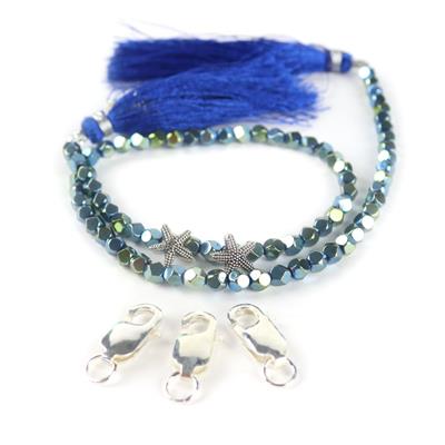 Green and Blue Hematite 30cm Strand, 925 Sterling Silver Starfish Spacer Beads 2pc & Clasp