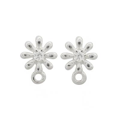 925 Sterling Silver Gem Set Flower Hook Earring Approx 6x9mm White Zircon (1Pair)