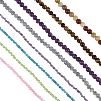 240cts Multi Gemstones in Plain Rounds Approx 4mm & Faceted Rounds Approx 2mm, Set of 8 Strands