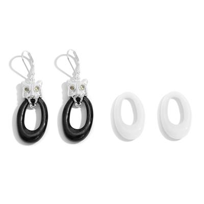 925 Sterling Silver Panther Earrings Interchangeable with Type A Black Jadeite & Type A White Jadeite  Pear Shape