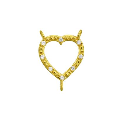 Gold 925 Sterling Silver 2 to 1 Heart connector with Zircon, Approx 15x17mm