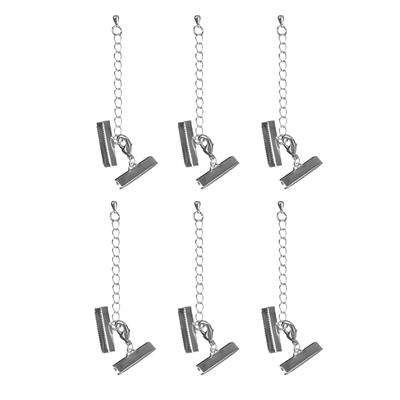 Silver Plated Ribbon End Clamps with extension chain, approx. 20mm, 6pcs