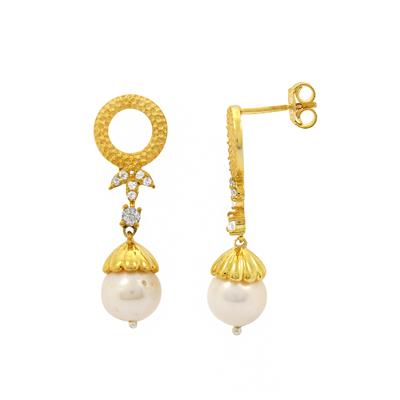 Gold Plated 925 Sterling Silver Earring with White Topaz and White Freshwater Cultured Pearls, Approx 30x10mm, 1 pair
