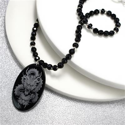 35cts Type A  Black Jadeite Laser Printed Dragon Oval Pendant With Downloadable Instructions By Alison Tarry