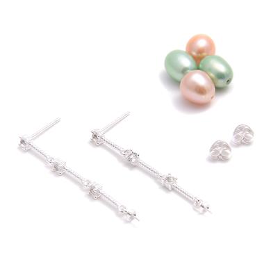 925 Sterling Silver Earrings With White Topaz with Pink & Mint Freshwater Pearls Approx 7x9mm - 2 Pairs 