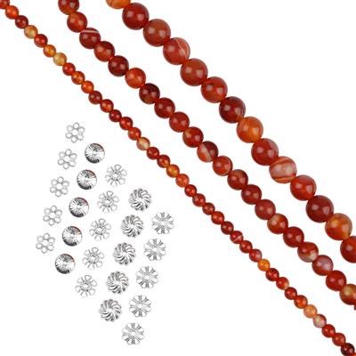 Red Banded Agate Plain Round, 4mm, 6mm, 8mm, Set of 3 Strands & Silver Plated Base Metal Bead Cap Bundle 