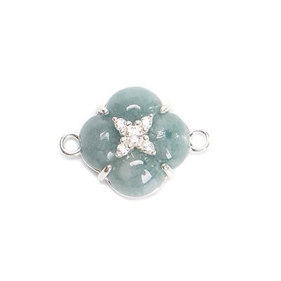Olmec Blue Jadeite Clover Connector with 925 Sterling Silver and White Topaz Stones, Approx 14mm