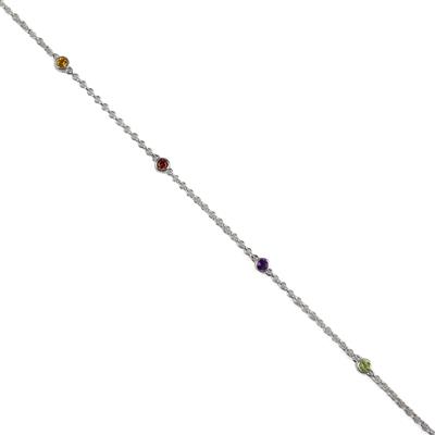 925 Sterling Silver & Multi Gemstone Bracelet With Extender Chain (0.48cts Red Garnet, Changbai Peridot, Amethyst, Rio Golden Citrine)