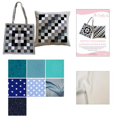 Crafty Co Blue Patchwork Tote Bag & Cushion Duo Kit: Instructions, Fabric (1.5m) & FQ's (7pcs) 