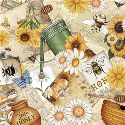 Dan Morris Sweet As Honey Collection Bee And Garden Collage Cream Fabric 0.5m