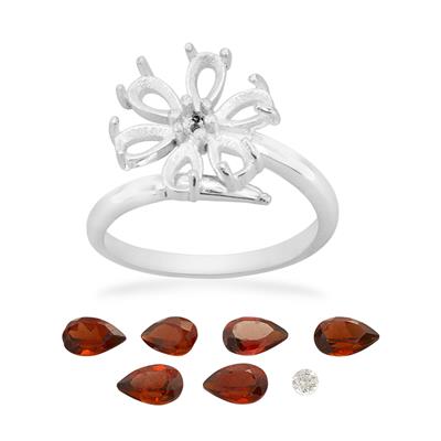 Red Flower Adjustable Ring with Garnet and White Topaz Size 5x2mm ,2mm