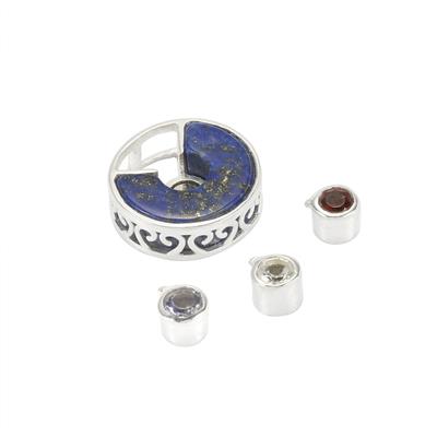 925 Sterling Silver Lapis Lazuli Amulet Pendant with Interchangeable Centre White Topaz, Iolite and Red Garnet, Approx 15mm