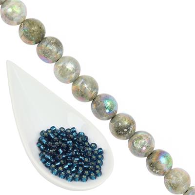 Blueberry Moon -  6/0 Blue Zircon Seed Beads & AB Coated Rondelle Labradorite, 8-9mm, 20cm
