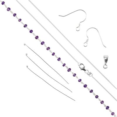 Sweet Alore - 925 Sterling Silver Chain with Amethyst Faceted Rounds, 3x4mm, 1m & 925 Sterling Silver Findings Pack