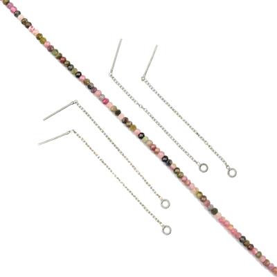 925 Sterling Silver Plated Base Metal Curb Chain Threader Earrings & Multi Tourmaline Faceted Roundel 2x3mm, 38cm strand