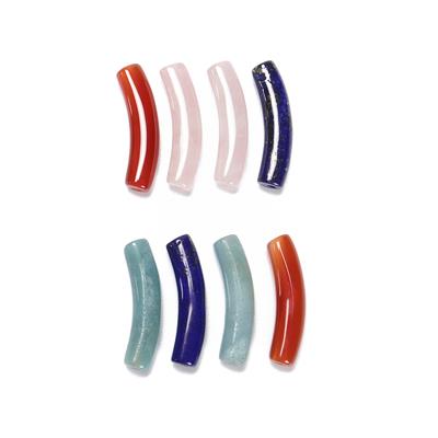 Kit: 2x Red Agate Curved Tube 6x30mm, 2x  Dyed Lapis Lazuli Curved Tubes, 2x Amazonite Curved Tubes, 2x Rose Quartz Curved Tubes Approx 30x6mm