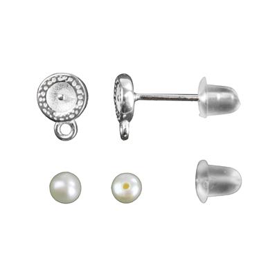 925 Sterling Silver Ridged Earring with Hoop,1 pair, with 2 x Pearls Approx 3mm (half drilled)