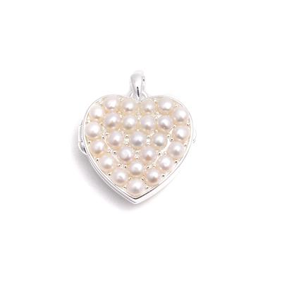 925 Sterling Silver Heart Shaped Locket Pendant with 2.5-3mm White Button Pearls